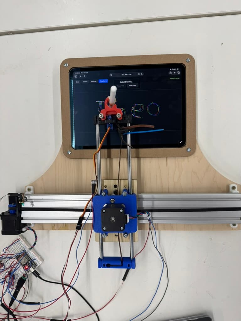 Front view of the plotter drawing machine with iPad mounted behind the carriage