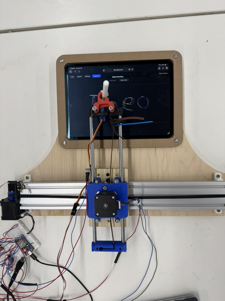 Front view of the plotter drawing machine with iPad mounted behind the carriage